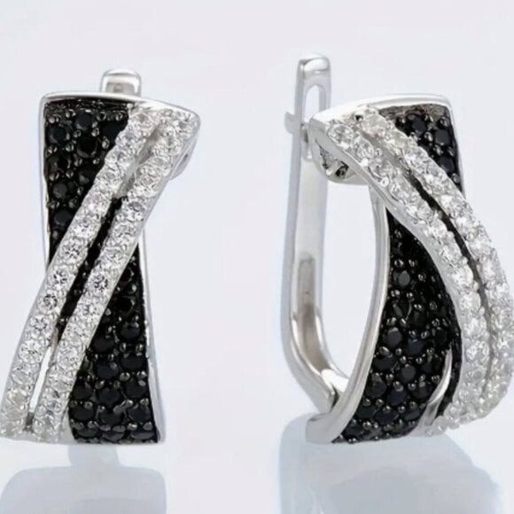 Silver Plated Black Diamond Embellished Earrings - Picture 2 of 7